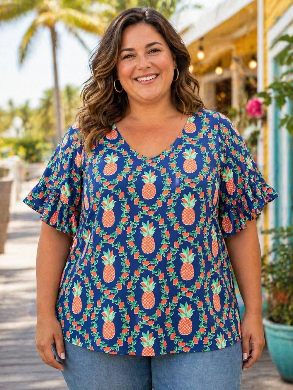 Crown & Ivy Pineapple Floral Top 3X NWT Ruffle Bell Sleeve Tropical Boho.